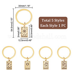 5Pcs 5 Style Rectangle with Tarot 316 Stainless Steel Pendant Keychains&nbsp;KEYC-UN0001-13G