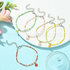 女性用ガラスシードビーズチェーン付き合金フラワーチャームブレスレット  ミックスカラー  9-1/4インチ（23.5cm）&nbsp;BJEW-JB09681