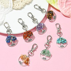 フラットラウンド、生命の木チベットスタイル合金ペンダント装飾  チャクラ合成&天然混合宝石ビーズと回転カニカンチャーム  60mm  フラットラウンド：29x25x5mm  7個/セット&nbsp;HJEW-JM01743-01