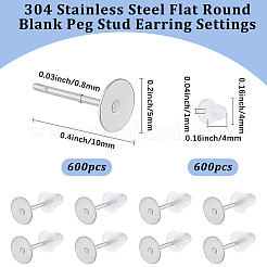 600Pcs 316 Surgical Stainless Steel Flat Round Blank Peg Stud Earring Settings&nbsp;STAS-BBC0011-04A