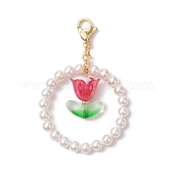4個の花のガラス/アクリルとシェルパールペンダント装飾  304ステンレススチールのロブスタークロウ留め金付き  ミックスカラー  52mm&nbsp;HJEW-TA00330