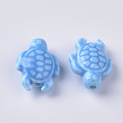 手作りの陶器ビーズ  光沢釉の磁器のスタイル  カメ  ドジャーブルー  19x15x8.5mm  穴：2mm&nbsp;X-PORC-T005-001H