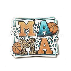 母の日片面プリントアスペンウッドペンダント  バスケットボールとヒョウ柄のチャーム付きword mama  砂茶色  42.5x48.5x2.5mm  穴：2mm&nbsp;WOOD-G014-37
