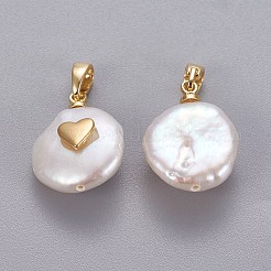 天然養殖淡水パールペンダント  真鍮パーツ  心のナゲット  長持ちメッキ  ゴールドカラー  15~27x11~16x6~12mm  穴：4x2.5mm&nbsp;X-KK-L187-15G