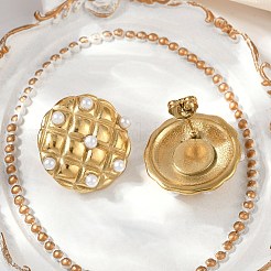 304ステンレススチールスタッドピアス  天然貝のワッフルビーズ付き  イオンプレーティング（ip）  14KGP本金メッキ  フラットラウンド  22.5mm&nbsp;EJEW-G423-29B-G