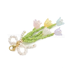 蝶結びと花のガラスシードペンダント装飾  304ステンレススチール製カニカン留め具、バッグ飾り用チャーム  カラフル  87mm&nbsp;HJEW-TA00311-02