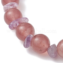 Natural Amethyst Chip & Natural Strawberry Quartz Round Beaded Stretch Bracelets for Women&nbsp;BJEW-JB13279-01