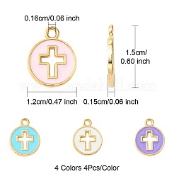 16本4色ライトゴールドメッキアロイエナメルペンダント  クロスとフラットラウンド  ミックスカラー  15x12x1.5mm  穴：1.6mm  4個/カラー&nbsp;ENAM-FS0001-85
