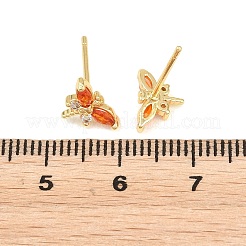真鍮製 マイクロパヴェ キュービックジルコニア スタッドピアス 女性用  トンボ  カドミウムフリー＆鉛フリー  長持ちメッキ  ラックめっき  18KGP本金メッキ  レッドオレンジ  6.5x9.5mm&nbsp;KK-A305-08G-03
