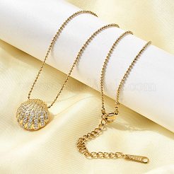 304ステンレススチールパヴェクリアガラスラインストーンシェルシェイプペンダントボールチェーンネックレス（女性用）  ピンクのエナメル質と  イオンプレーティング（ip）  18KGP本金メッキ  16.50インチ（41.9cm）&nbsp;NJEW-K255-53G