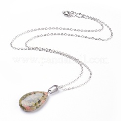 ナチュラル＆合成宝石のペンダントネックレス  真鍮のチェーン入り  ティアドロップ  17.3インチ（44cm）  1.5mm&nbsp;NJEW-JN02160