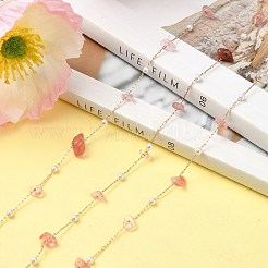 5m 天然ローズクォーツナゲットと ABS プラスチックパールビーズチェーン  真鍮のチェーン入り  スプールで  ハンダ付け  ライトゴールド  5~12x4~9mm&nbsp;CHC-CJ0001-77