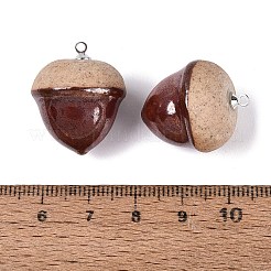手作りの磁器のペンダント  ドングリのチャーム  真鍮のループを有します  プラチナ  サドルブラウン  23~25x19~21mm  穴：1.6~1.8mm&nbsp;PR-N001-05P-01