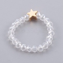 電気メッキガラスビーズストレッチ指輪  真鍮のパーツと  スター  18~22mm&nbsp;RJEW-JR00238-M