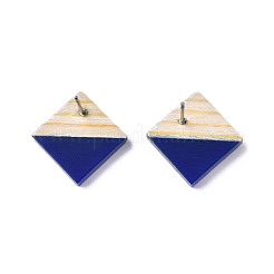 不透明な樹脂と木製のスタッドピアス  304ステンレスピン付き  菱形  ミッドナイトブルー  17x18mm  ピン：0.7mm&nbsp;EJEW-N017-005A-B01