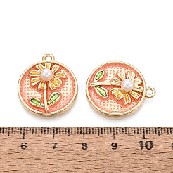 ラックメッキ合金エナメルとABS模造真珠ペンダント  フラワーラウンドフラワーチャーム  カドミウムフリー＆ニッケルフリー＆鉛フリー  ゴールドカラー  ライトサーモン  24x21x6mm  穴：1.8mm&nbsp;ENAM-T024-84A-G