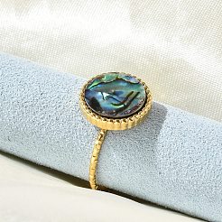 フラットラウンド 304 ステンレススチール パウアシェル カフリング 女性用  イオンプレーティング（ip）  18KGP本金メッキ  12mm  内径: 調節可能&nbsp;X-RJEW-G346-10G-01