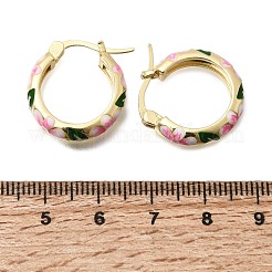 女性用真鍮エナメルフープピアス  花  ゴールドカラー  ピンク  20x18.5x5mm&nbsp;EJEW-K335-01G-02