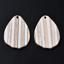 ストライプレジン＆ウッドペンダント  ティアドロップ  ホワイト  36x26x3mm  穴：1.8mm&nbsp;RESI-N025-015A-B01