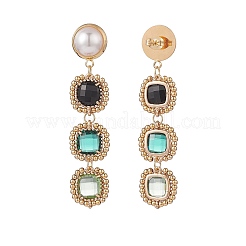 Glass Rectangle Beaded Long Dangle Stud Earrings with Imitation Pearl&nbsp;EJEW-TA00141-01