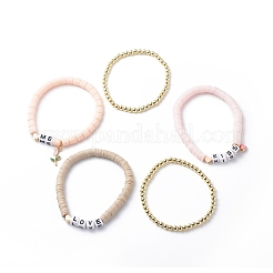 ハートローズエナメルチャーム付き5ピース5スタイルワードキスラブミーアクリルストレッチブレスレットセット  ポリマークレイ ヘイシ サーファー プレッピー ビースレット 合成ヘマタイト ビーズ付き バレンタインデー用  ナバホホワイト  内径：2-1/8~2-1/4インチ（5.4~5.8cm）  1個/スタイル&nbsp;BJEW-JB08681