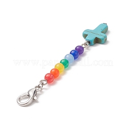 Synthetic Turquoise Cross with Natural Dyed Malaysia Jade Round Beaded Pendant Decoration&nbsp;HJEW-JM00940