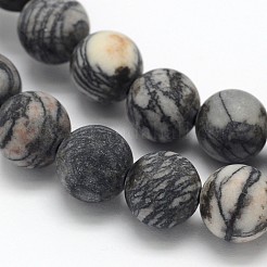 Frosted Round Natural Black Polychrome Jasper/Picasso Stone/Picasso Jasper Beads Strands&nbsp;G-N0166-44-8mm