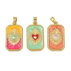 Brass Enamel Pendants, Long-Lasting Plated, Lead Free & Cadmium Free, Rack Plating, Golden, Rectangle with Sacred Heart Heart Charms, Mixed Color, 27.5x15.5x4mm, Hole: 5.5x3.5mm