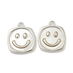 Natural White Shell Pendants, Rack Plating Brass Smiling Face Charms, Platinum, 16x13x2mm, Hole: 1.6mm