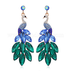 Exquisite Peacock Alloy Dangle Stud Earrings, with Rhinestone, Golden, Blue