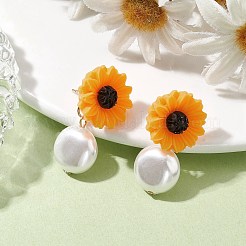 天然パール&樹脂ひまわりスタッドピアス  304ステンレスピン付き  オレンジ  29x16.5mm&nbsp;EJEW-JE05693-02