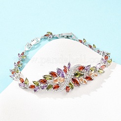 プラチナトーン真鍮マイクロパヴェキュービックジルコニアテニスブレスレット  女性用リンクブレスレット  花  時計バンドの留め金付き  長持ちメッキ  カラフル  9-1/2インチ（24.2x2.55cm）&nbsp;BJEW-B160-06P