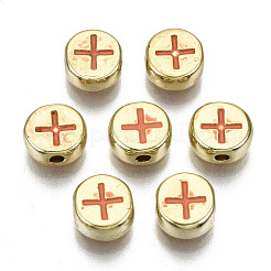 合金エナメルビーズ  カドミウムフリー＆鉛フリー  クロスとフラットラウンド  ライトゴールド  サンゴ  8x4mm  穴：1.5mm&nbsp;ENAM-S122-032-RS