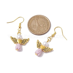 エンジェル アンティーク ゴールド合金 & 樹脂ダングル イヤリング  イミテーションパールアクリルドロップイヤリング  ライラック  45x21.5mm&nbsp;EJEW-JE05686-04