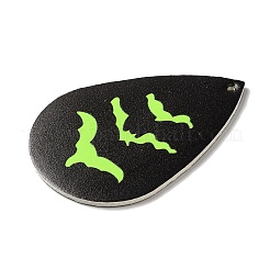 ハロウィンのイミテーションレザーペンダント  黒と緑と黄色  バット  55.5x37x2mm  穴：1.6mm&nbsp;FIND-K017-04D-01