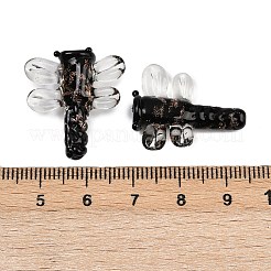 透明なランプワークビーズ  手作りのフォイルのガラスビーズ  トンボ  ブラック  24~25x22~23x6~7.5mm  穴：1.1~1.2mm&nbsp;FOIL-I017-01C