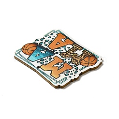 母の日片面プリントアスペンウッドペンダント  バスケットボールとヒョウ柄のチャーム付きword mama  砂茶色  42.5x48.5x2.5mm  穴：2mm&nbsp;WOOD-G014-37