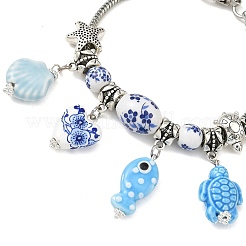 European Blue White Handmade Porcelain Ocean Fish Turtle Shell Charm Brass Snake Chain Bracelets&nbsp;BJEW-JB14402