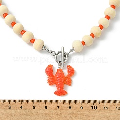 Summer Beach Resin Lobster Pendant Wood Beaded Necklaces with OT Clasps for Women&nbsp;NJEW-JN06109