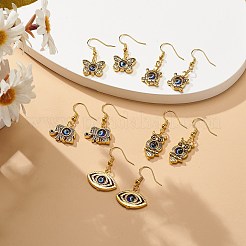 合金の動物と樹脂製のナザールボンジュウビーズ ダングル イヤリング  女性のためのゴールデンブラスジュエリー  混合模様  31~41mm  ピン：0.5mm&nbsp;EJEW-JE05115