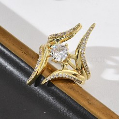 女性用真鍮マイクロパヴェキュービックジルコニアカフオープンリング  長持ちメッキ  ラックめっき  18KGP本金メッキ  透明  30mm  usサイズ7 1/4(17.5mm)&nbsp;RJEW-L343-09G-01