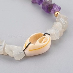 Natural Amethyst & White Moonstone Chip Braided Bead Bracelets&nbsp;BJEW-JB04080-02