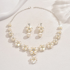 Flower Alloy Crystal Rhinestone & Plastic Pearl Link Chain Necklaces & Stud Dangle Earrings Sets&nbsp;FS-WGC22CC-02