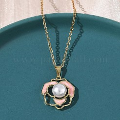 Brass Enamel Pink Flower Pendant 304 Stainless Steel Chain Necklaces for Women&nbsp;NJEW-D341-04G