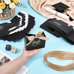 リボンハンドル付き、金箔押しのサンキューペーパー、キャンディギフトトートボックス  結婚式のパーティーのために  長方形  ブラック  11.5x4.5x10cm&nbsp;CON-WH0089-252B