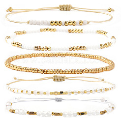 5Pcs Glass & Metal Gold & White Beaded Bracelet Sets&nbsp;AB9103-3