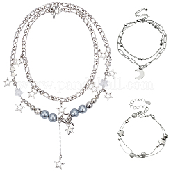 星と月の合金ペンダントネックレスとマルチ連ブレスレット  真鍮と樹脂の留め具付き  プラチナ  20.04インチ（50.9cm）  1セット&nbsp;SJEW-SC0001-04