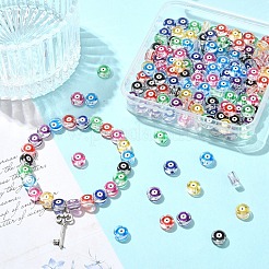8色プリント透明アクリルビーズ160個  ナザールボンジュウ付きフラットラウンド  ミックスカラー  7x4mm  穴：1.8mm  20個/カラー&nbsp;TACR-YW0003-49
