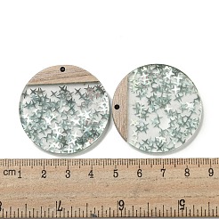 ウッドペンダント  樹脂と金箔  フラットラウンド  ダークシーグリーン  38.5x4mm  穴：2mm&nbsp;FIND-B042-19A