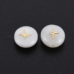 天然淡水シェルビーズ  金メッキ真鍮金属装飾付き  フラットラウンド  貝殻色  8x3.5mm  穴：0.7mm&nbsp;SHEL-S278-056